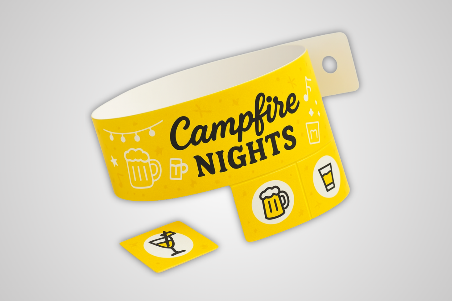 A photo of a yellow entry wristband with detachable tickets