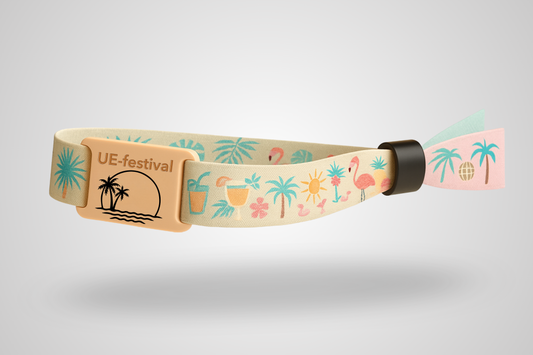 A photo of a fabric wristband with silicone slider