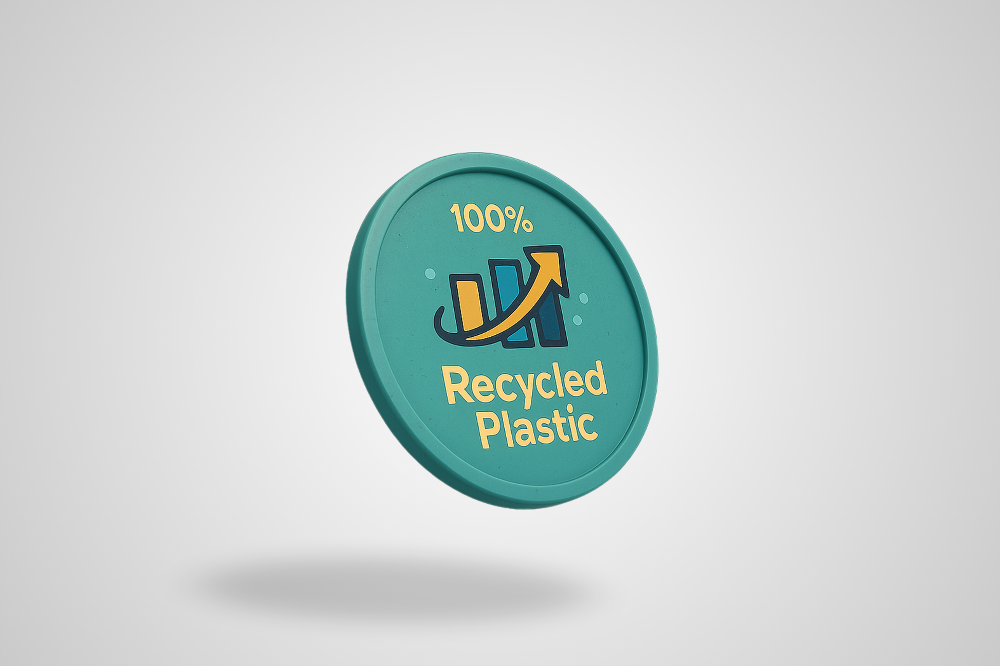 A photo of a plastic token made from 100% recyclable plastic with color print
