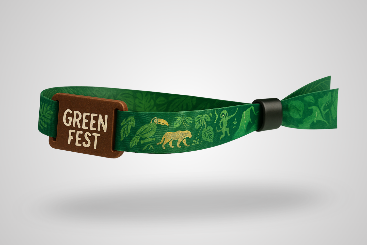 A photo of a fabric wristband with an RFID slider made of leather