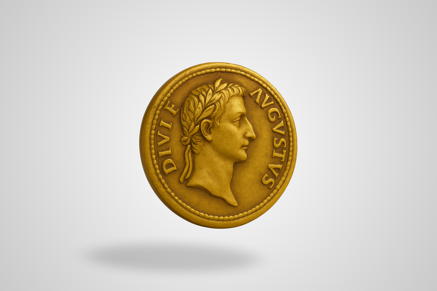 A photo of an embossed antique gold metal coin