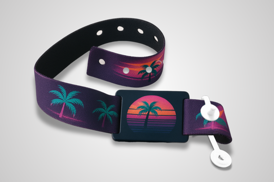 A photo of a colorful fabric bracelet with button lock and RFID