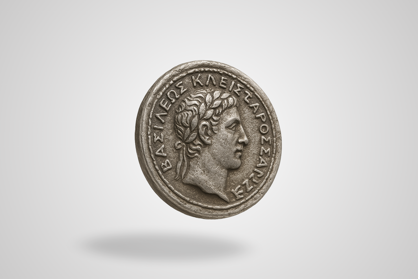 A photo of an antique silver metal coin with embossing