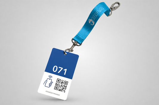 Blue Cloakroom Tags with NFC and QR code for online cloakroom system