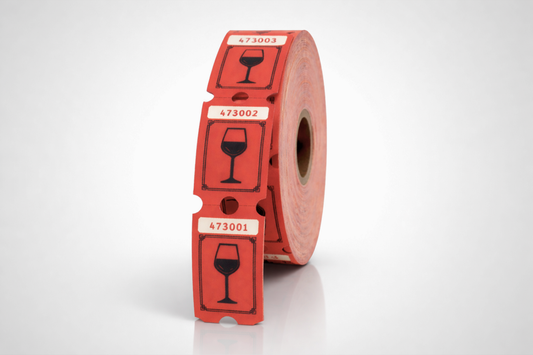 Red roll tickets with a wine glass motif from JM Band®