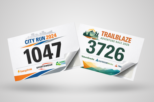 Self-adhesive race numbers with custom design from JM Band®