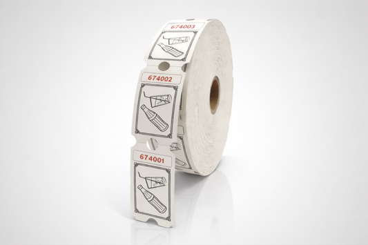An image of white roll tickets with soda designs - Perfect for events | JM Band®