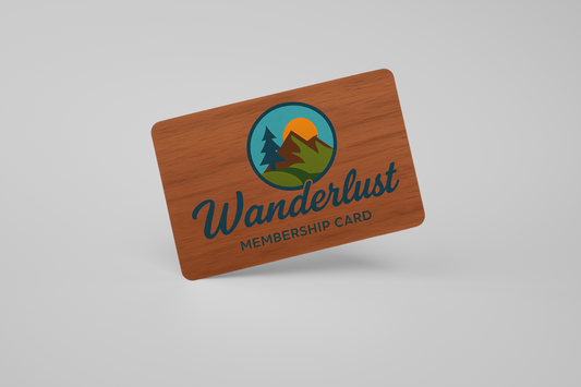 A photo of a dark wood RFID card with custom design