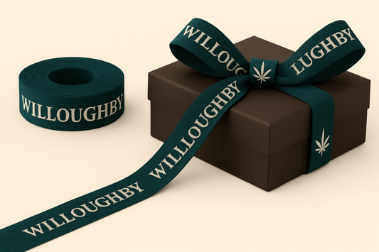 A photo of grosgrain gift ribbon with logo