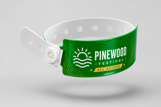 Printed wide plastic wristbands from JM Band®. Buy green plastic wristbands here.