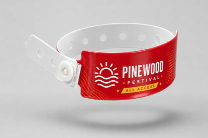 Printed wide plastic wristbands from JM Band®. Buy red plastic wristbands here.