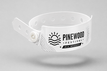 Printed wide plastic wristbands from JM Band®. Buy white plastic wristbands here.