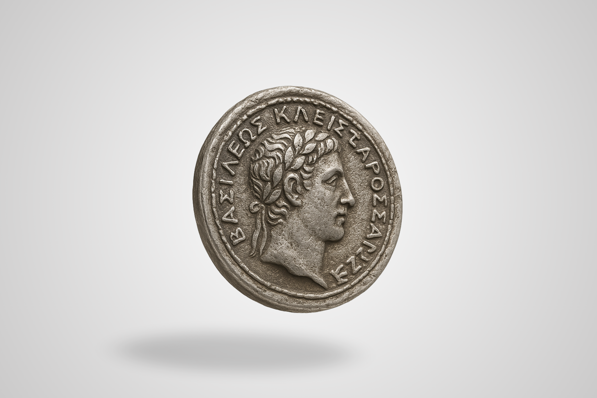A photo of an antique silver metal coin with embossing