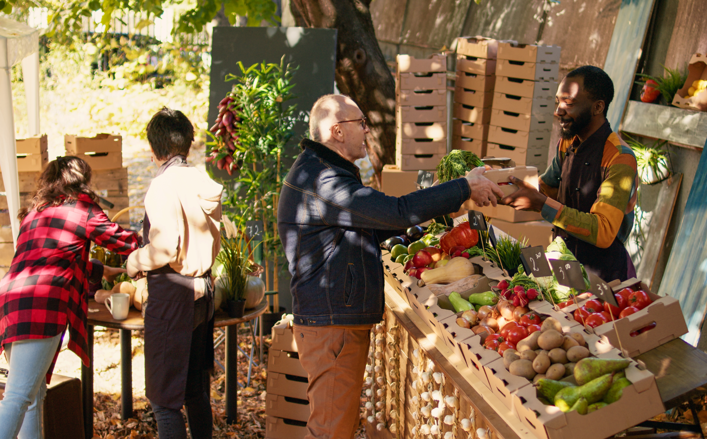 elderly man buying various fresh eco fruits